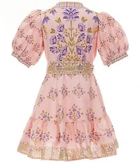 A Loves A Little Girls Bubble Sleeve Floral Tie Front Dress