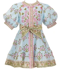 A Loves A Little Girls Bubble Sleeve Floral Tie Front Dress