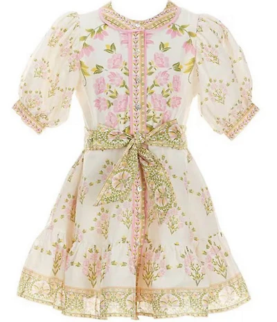 A Loves A Little Girls Bubble Sleeve Floral Tie Front Dress