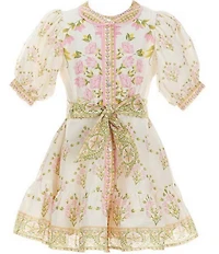 A Loves A Little Girls Bubble Sleeve Floral Tie Front Dress