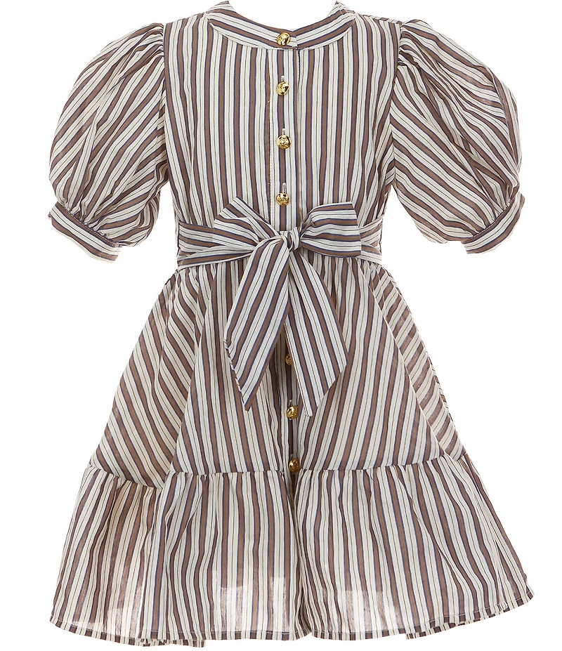 A Loves A Little Girls Bubble Sleeve Pinstripe Tie Front Dress