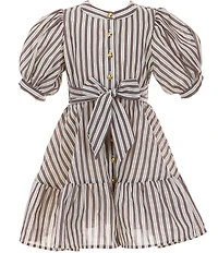 A Loves A Little Girls Bubble Sleeve Pinstripe Tie Front Dress