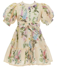 A Loves A Little Girls Floral Print Bubble Sleeve Tie Front Dress