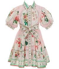 A Loves A Little Girls Iris Placement Print Puff Sleeve Button Front A-Line Dress