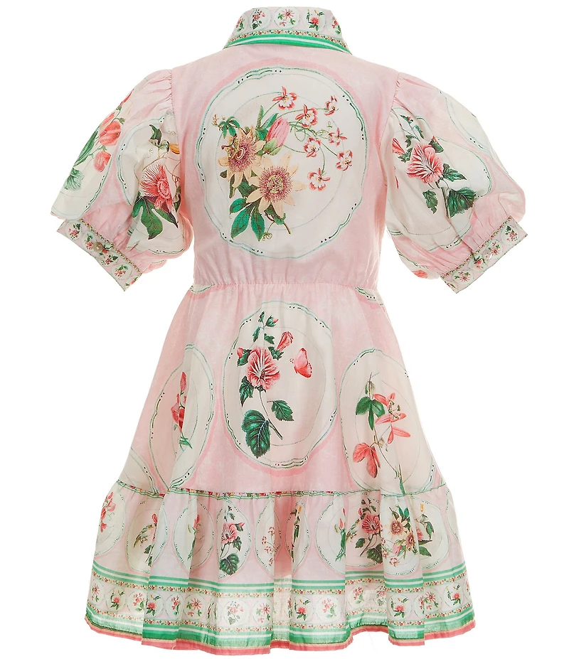 A Loves A Little Girls Iris Placement Print Puff Sleeve Button Front A-Line Dress