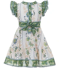 A Loves A Little Girls Ruffle Sleeve Floral Print Tie Front Dress