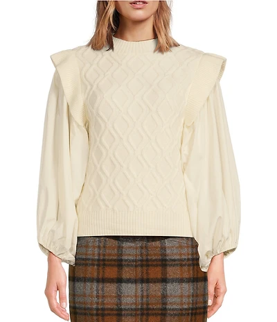 A Loves A Long Puff Sleeve Round Neck Mixed Media Sweater