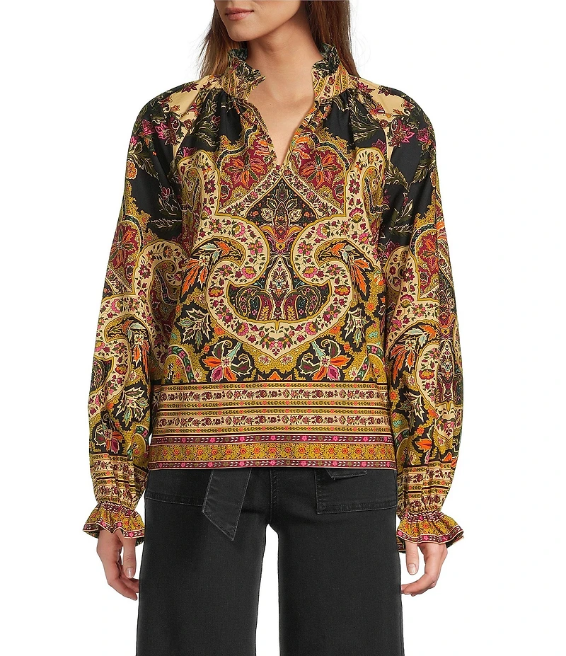 A Loves A Paisley Print Woven Mandarian Collar V-Neck Long Balloon Sleeve Blouse