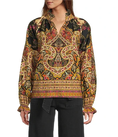 A Loves A Paisley Print Woven Mandarian Collar V-Neck Long Balloon Sleeve Blouse