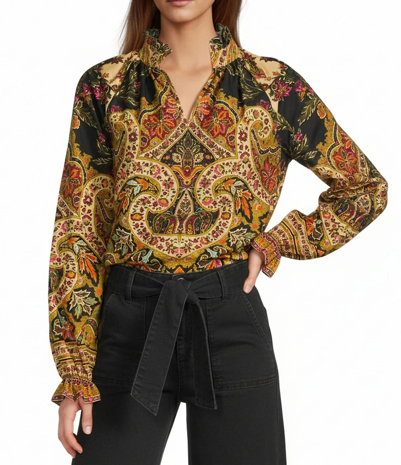 A Loves A Paisley Print Woven Mandarian Collar V-Neck Long Balloon Sleeve Blouse