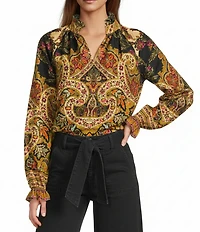 A Loves A Paisley Print Woven Mandarian Collar V-Neck Long Balloon Sleeve Blouse