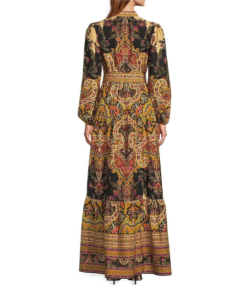 A Loves A Paisley Print Woven Mandarian Collar V-Neck Long Balloon Sleeve Tiered A-Line Flounce Maxi Dress
