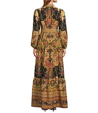 A Loves A Paisley Print Woven Mandarian Collar V-Neck Long Balloon Sleeve Tiered A-Line Flounce Maxi Dress