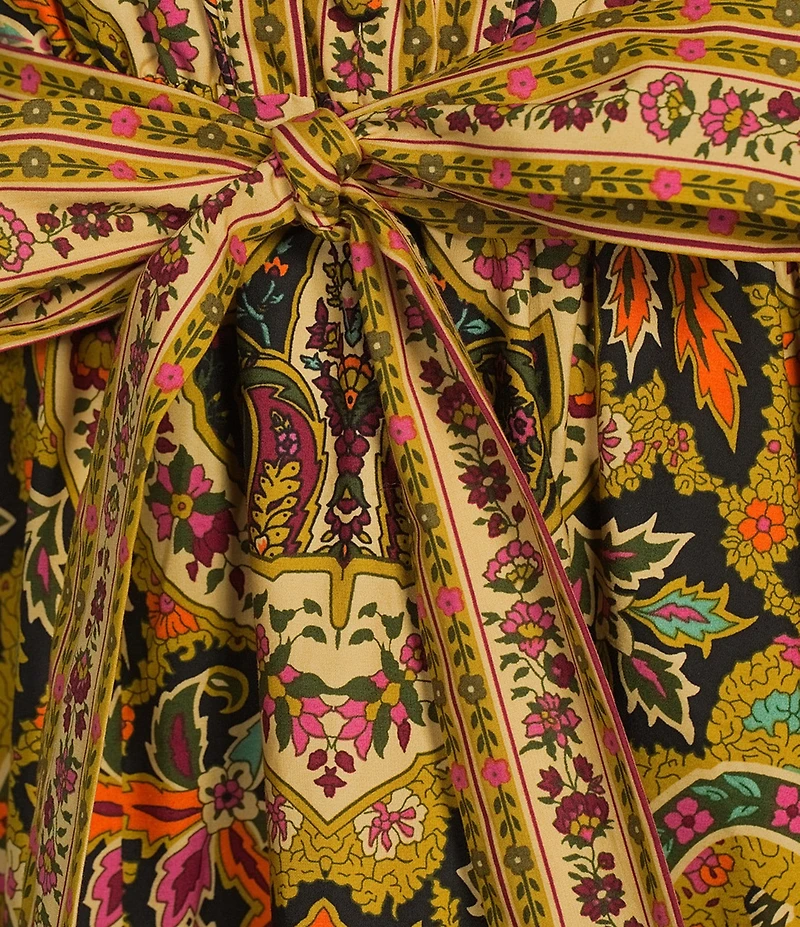A Loves A Paisley Print Woven Mandarian Collar V-Neck Long Balloon Sleeve Tiered A-Line Flounce Maxi Dress