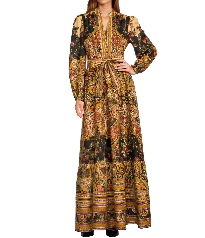 A Loves A Paisley Print Woven Mandarian Collar V-Neck Long Balloon Sleeve Tiered A-Line Flounce Maxi Dress