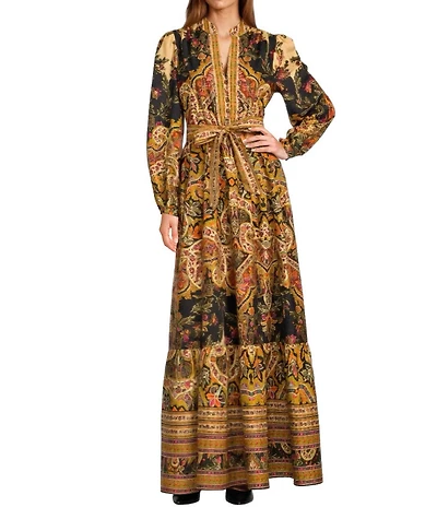 A Loves A Paisley Print Woven Mandarian Collar V-Neck Long Balloon Sleeve Tiered A-Line Flounce Maxi Dress