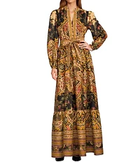 A Loves A Paisley Print Woven Mandarian Collar V-Neck Long Balloon Sleeve Tiered A-Line Flounce Maxi Dress