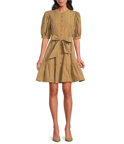 A Loves A Pinstripe Crew Neck 3/4 Bubble Sleeve A-Line Flounce Mini Dress
