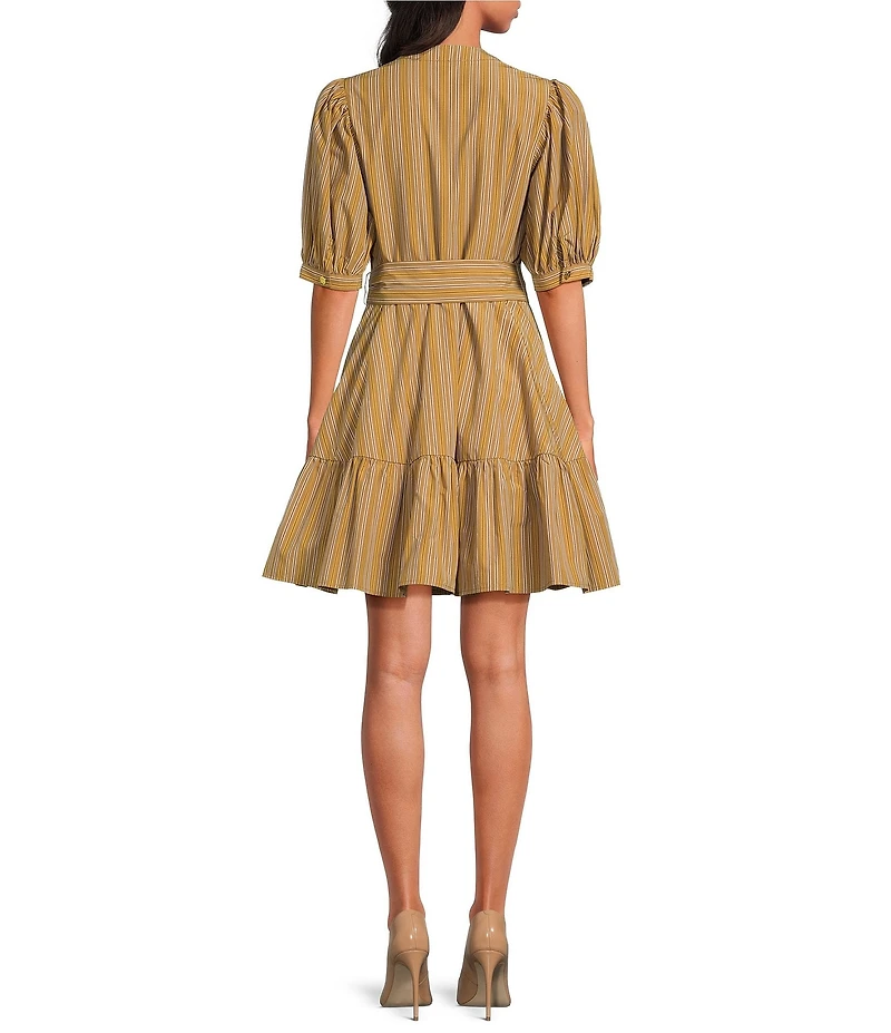 A Loves A Pinstripe Crew Neck 3/4 Bubble Sleeve A-Line Flounce Mini Dress