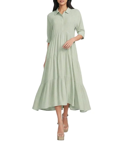 A Loves A Pinstripe Print Button Point Collar 3/4 Blouson Cuff Sleeve Tiered Waistless Midi Shirt Dress