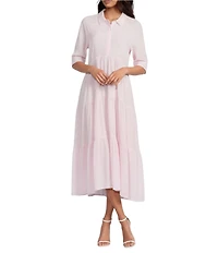 A Loves A Pinstripe Print Button Point Collar 3/4 Blouson Cuff Sleeve Tiered Waistless Midi Shirt Dress