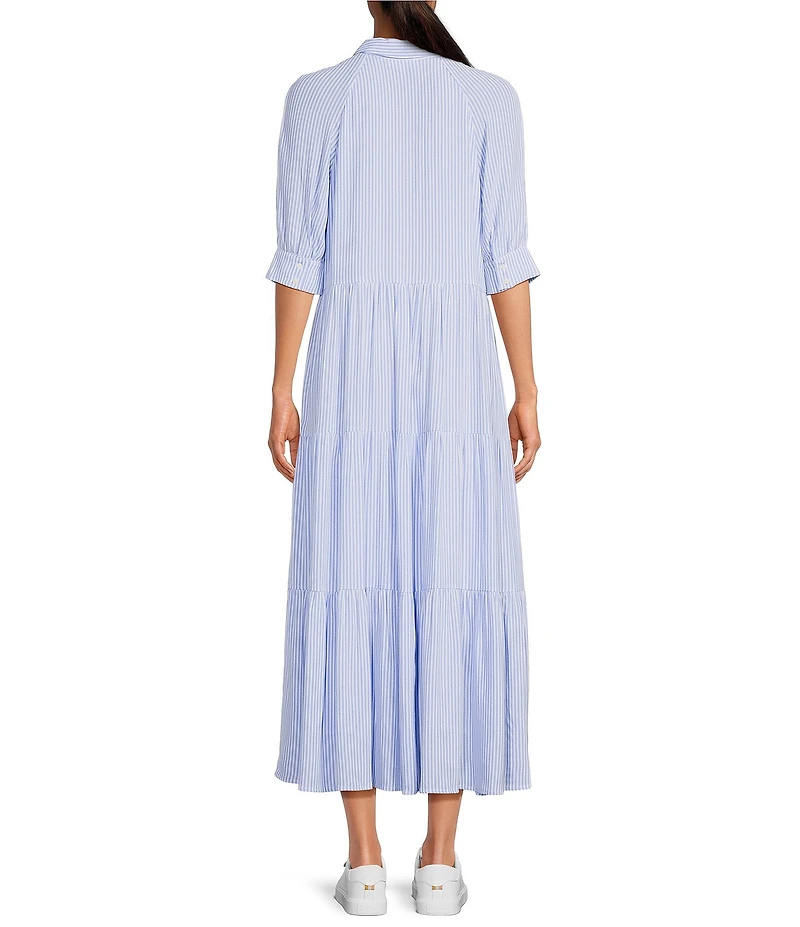 A Loves A Pinstripe Print Button Point Collar 3/4 Blouson Cuff Sleeve Tiered Waistless Midi Shirt Dress