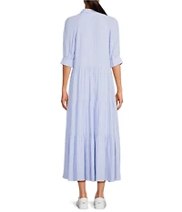 A Loves A Pinstripe Print Button Point Collar 3/4 Blouson Cuff Sleeve Tiered Waistless Midi Shirt Dress