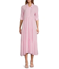 A Loves A Pinstripe Print Button Point Collar 3/4 Blouson Cuff Sleeve Tiered Waistless Midi Shirt Dress