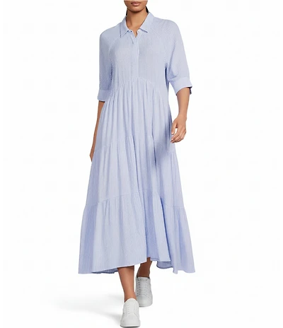 A Loves A Pinstripe Print Button Point Collar 3/4 Blouson Cuff Sleeve Tiered Waistless Midi Shirt Dress