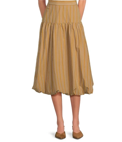 A Loves A Pinstripe Woven Mid Rise Drop Waist A-Line Bubble Hem Coordinating Midi Skirt