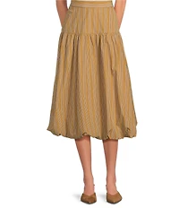 A Loves A Pinstripe Woven Mid Rise Drop Waist A-Line Bubble Hem Coordinating Midi Skirt