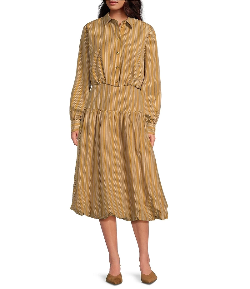 A Loves A Pinstripe Woven Mid Rise Drop Waist A-Line Bubble Hem Coordinating Midi Skirt