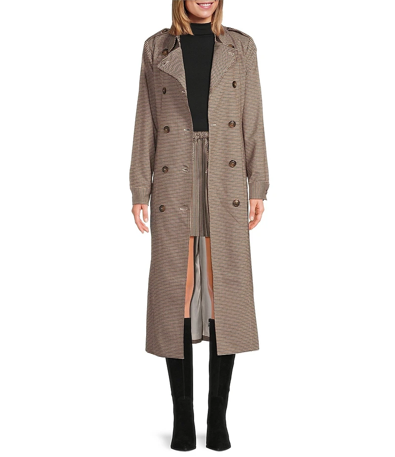 A Loves A Plaid Print Woven Point Collar Long Sleeve Double Breasted Button Front Belted Longline Trench Coordinating Coat