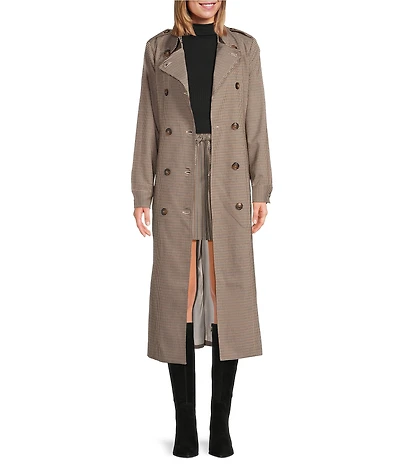 A Loves A Plaid Print Woven Point Collar Long Sleeve Double Breasted Button Front Belted Longline Trench Coordinating Coat