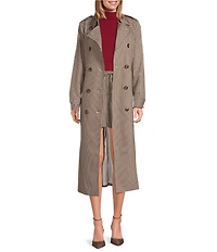 A Loves A Plaid Print Woven Point Collar Long Sleeve Double Breasted Button Front Belted Longline Trench Coordinating Coat
