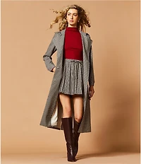 A Loves A Plaid Print Woven Point Collar Long Sleeve Double Breasted Button Front Belted Longline Trench Coordinating Coat