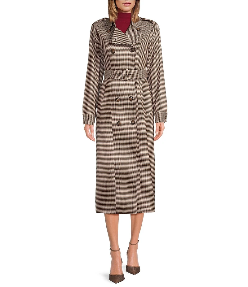 A Loves A Plaid Print Woven Point Collar Long Sleeve Double Breasted Button Front Belted Longline Trench Coordinating Coat