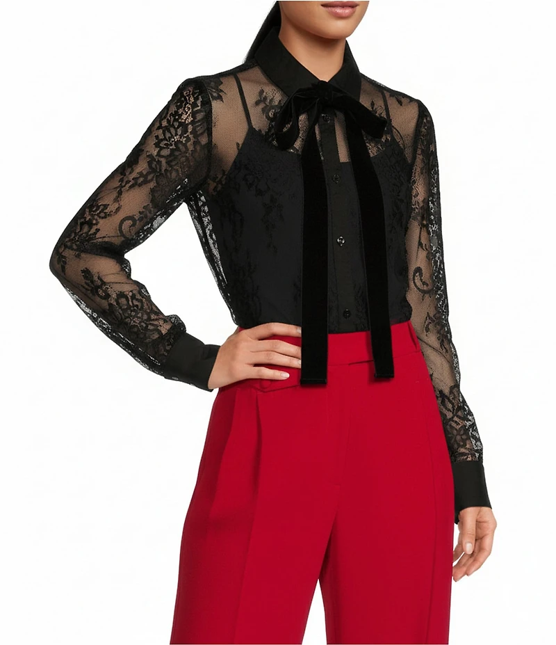 A Loves A Poplin Point Collar Bow Tie Neck Sheer Illusion Lace Long Sleeve Button Front Shirttail Blouse