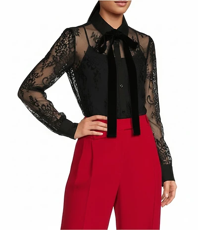 A Loves A Poplin Point Collar Bow Tie Neck Sheer Illusion Lace Long Sleeve Button Front Shirttail Blouse