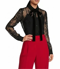 A Loves A Poplin Point Collar Bow Tie Neck Sheer Illusion Lace Long Sleeve Button Front Shirttail Blouse