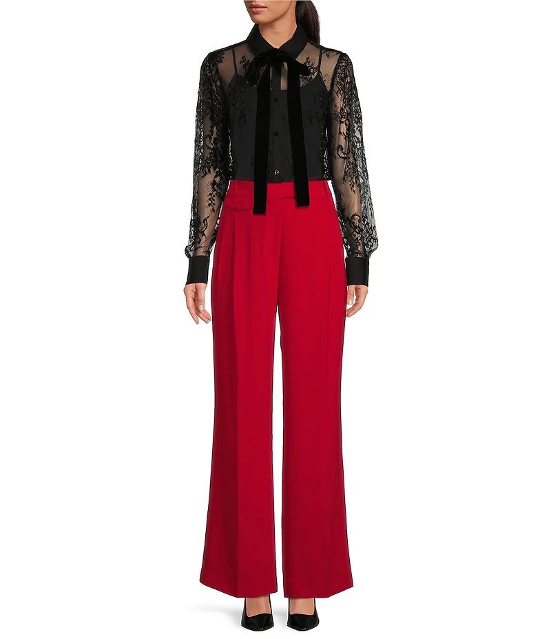 A Loves A Poplin Point Collar Bow Tie Neck Sheer Illusion Lace Long Sleeve Button Front Shirttail Blouse