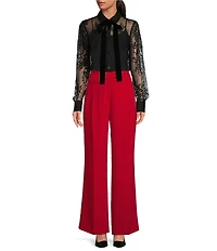 A Loves A Poplin Point Collar Bow Tie Neck Sheer Illusion Lace Long Sleeve Button Front Shirttail Blouse