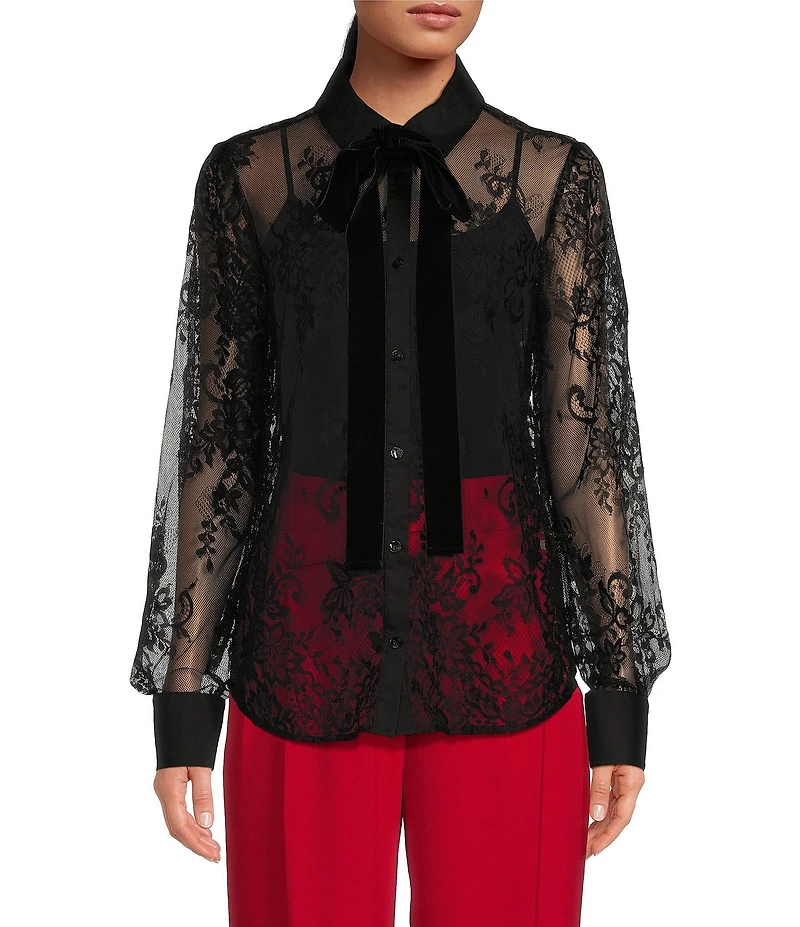 A Loves A Poplin Point Collar Bow Tie Neck Sheer Illusion Lace Long Sleeve Button Front Shirttail Blouse