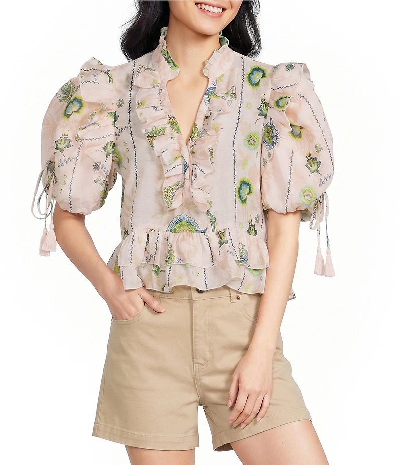 A Loves A Printed Split V-Neck Short Bubble Sleeve Woven Cropped Blouse
