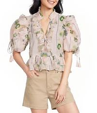 A Loves A Printed Split V-Neck Short Bubble Sleeve Woven Cropped Blouse