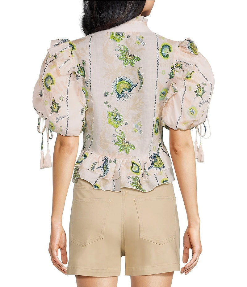 A Loves A Printed Split V-Neck Short Bubble Sleeve Woven Cropped Blouse