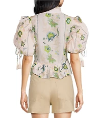A Loves A Printed Split V-Neck Short Bubble Sleeve Woven Cropped Blouse