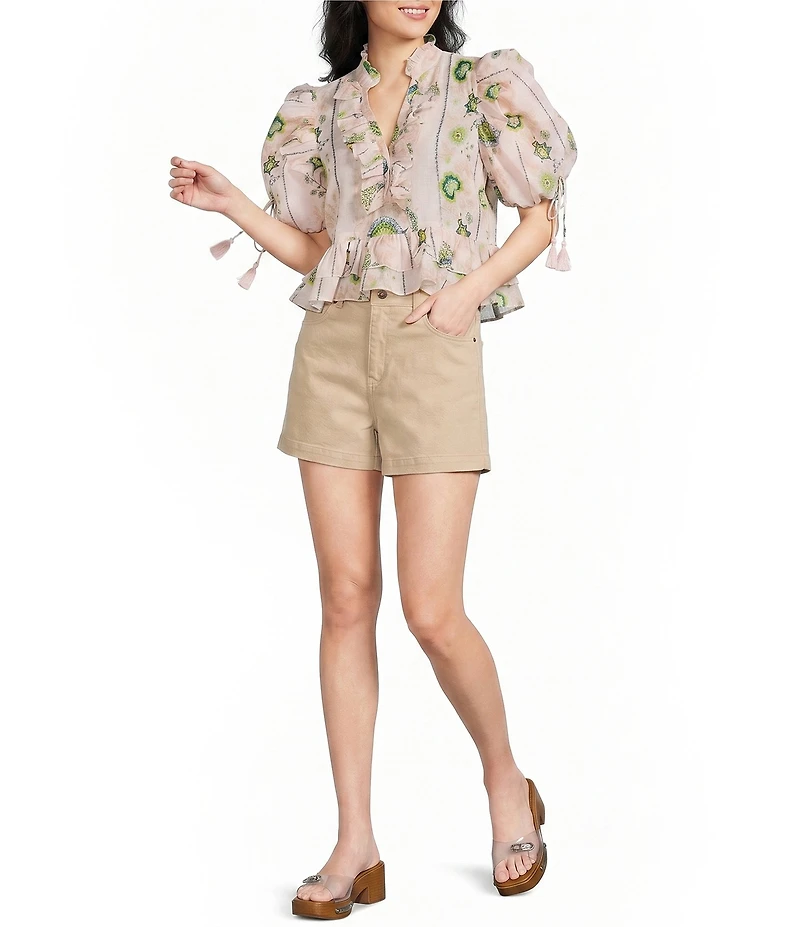 A Loves A Printed Split V-Neck Short Bubble Sleeve Woven Cropped Blouse
