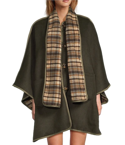 A Loves A Reversible Wool Blend Crew Neck Button Front Long Drape Sleeve Cape Jacket with Scarf