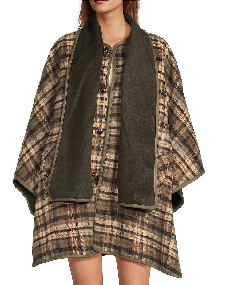 A Loves A Reversible Wool Blend Crew Neck Button Front Long Drape Sleeve Cape Jacket with Scarf